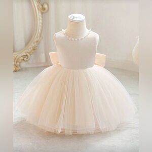 Baby Girls' Champagne Handmade Beaded 3D Bow Party Elegant Tulle Princess Dress